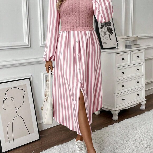 Pink Casual Women's Striped Midi Dress - Picture 6 of 6